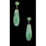 A pair of jadeite & diamond pendant earrings, each with a carved & pierced jadeite drop suspended