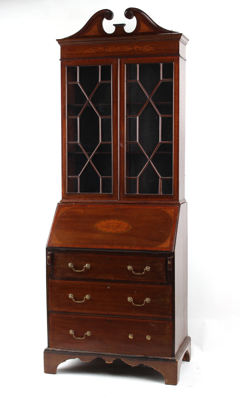 Property of a lady - an Edwardian mahogany satinwood banded & inlaid bureau bookcase, with swan-neck