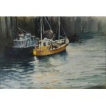 Property of a lady - Clark (20th century) - FISHING BOATS ALONGSIDE HARBOUR WALL - watercolour, 8.