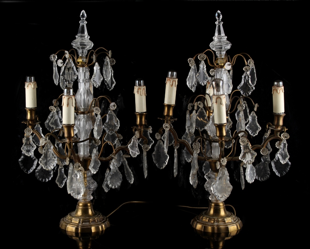 Property of a lady - a pair of brass & cut glass lustre four-light table lamps, each approximately