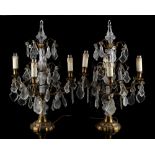 Property of a lady - a pair of brass & cut glass lustre four-light table lamps, each approximately