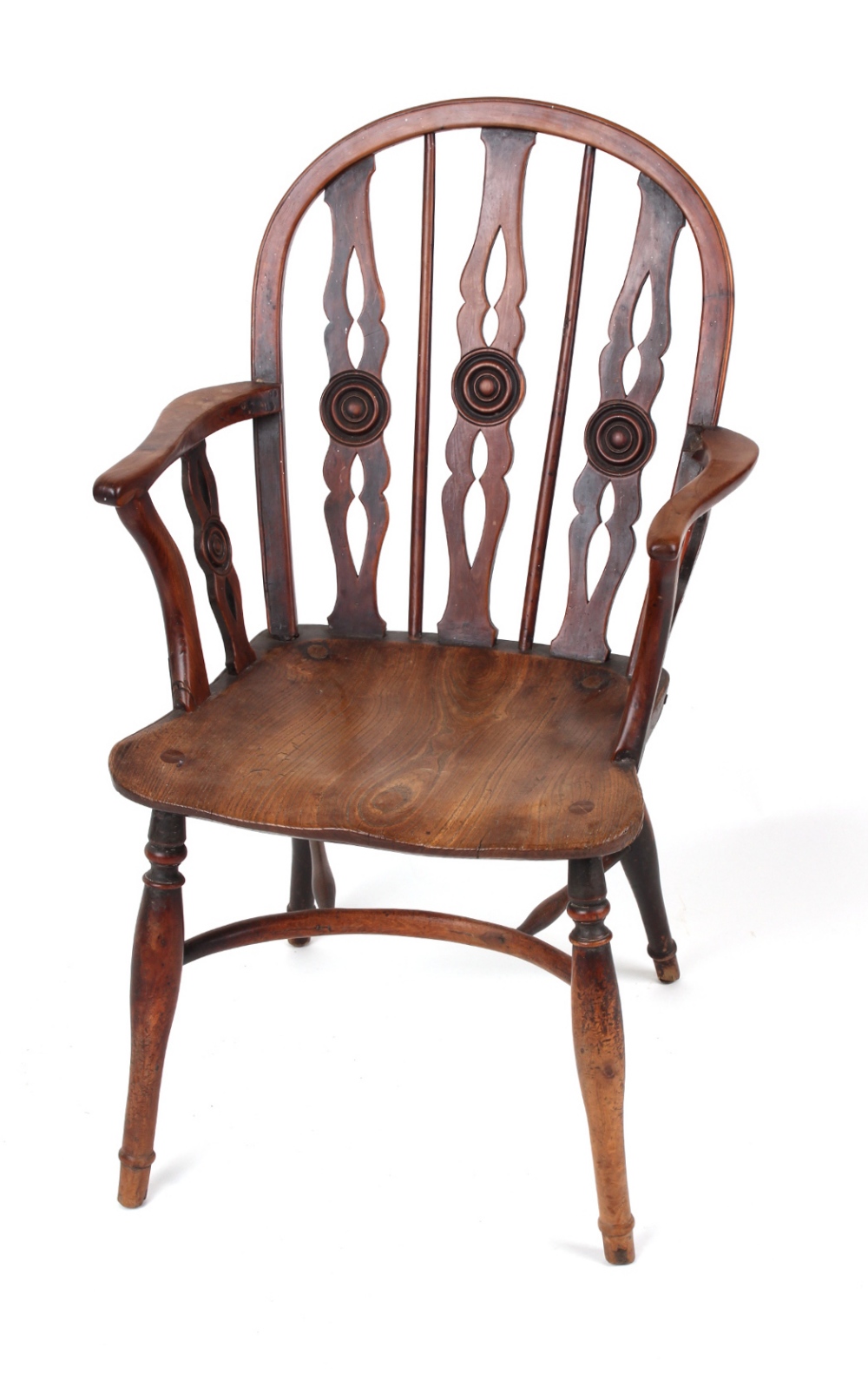 Property of a gentleman - an early 19th century yew wood Windsor elbow chair, of good colour,