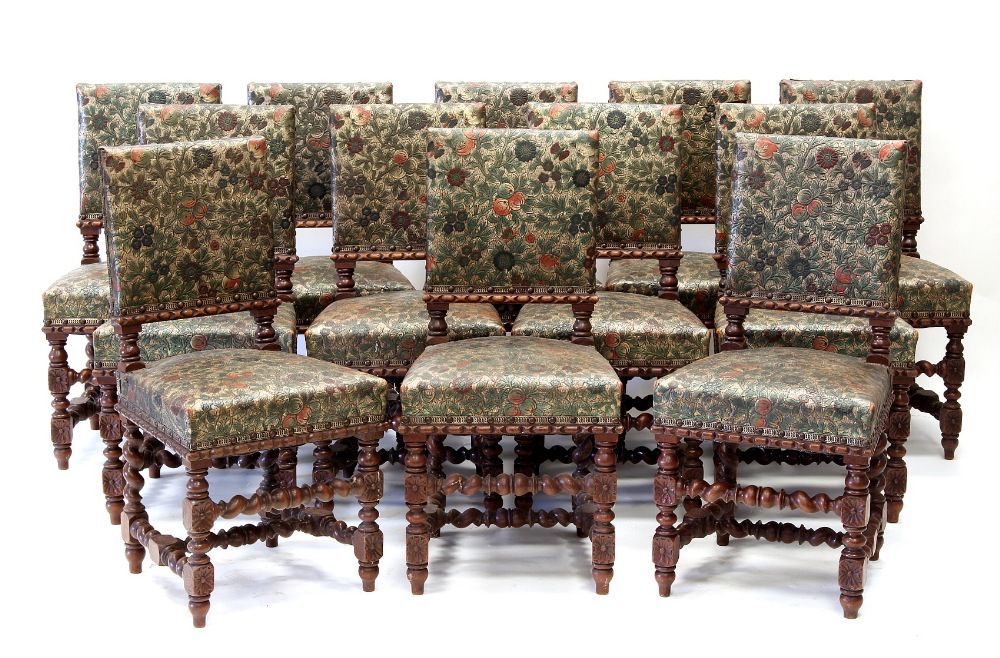 Property of a lady - a set of twelve Victorian oak barleytwist side chairs with embossed & painted