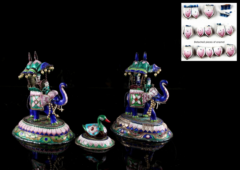 Property of a deceased estate - a pair of Indian silver & polychrome enamel models of caparisoned