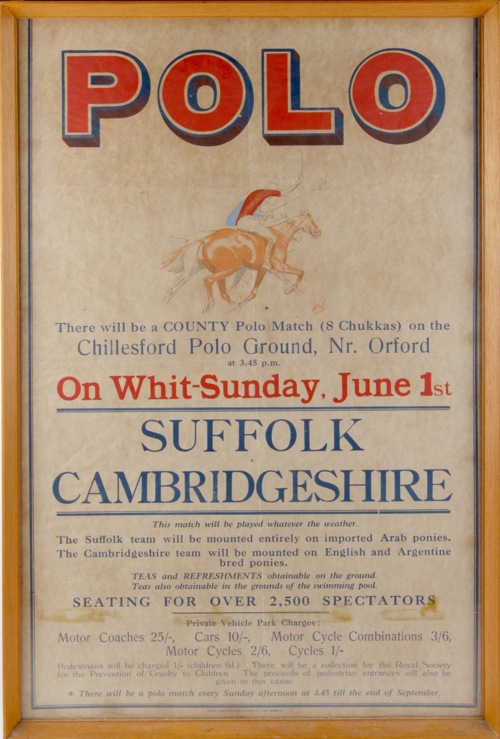 A 1950's polo match advertising poster, in glazed frame, 30 by 19.75ins. (76 by 50cms.) (overall) (