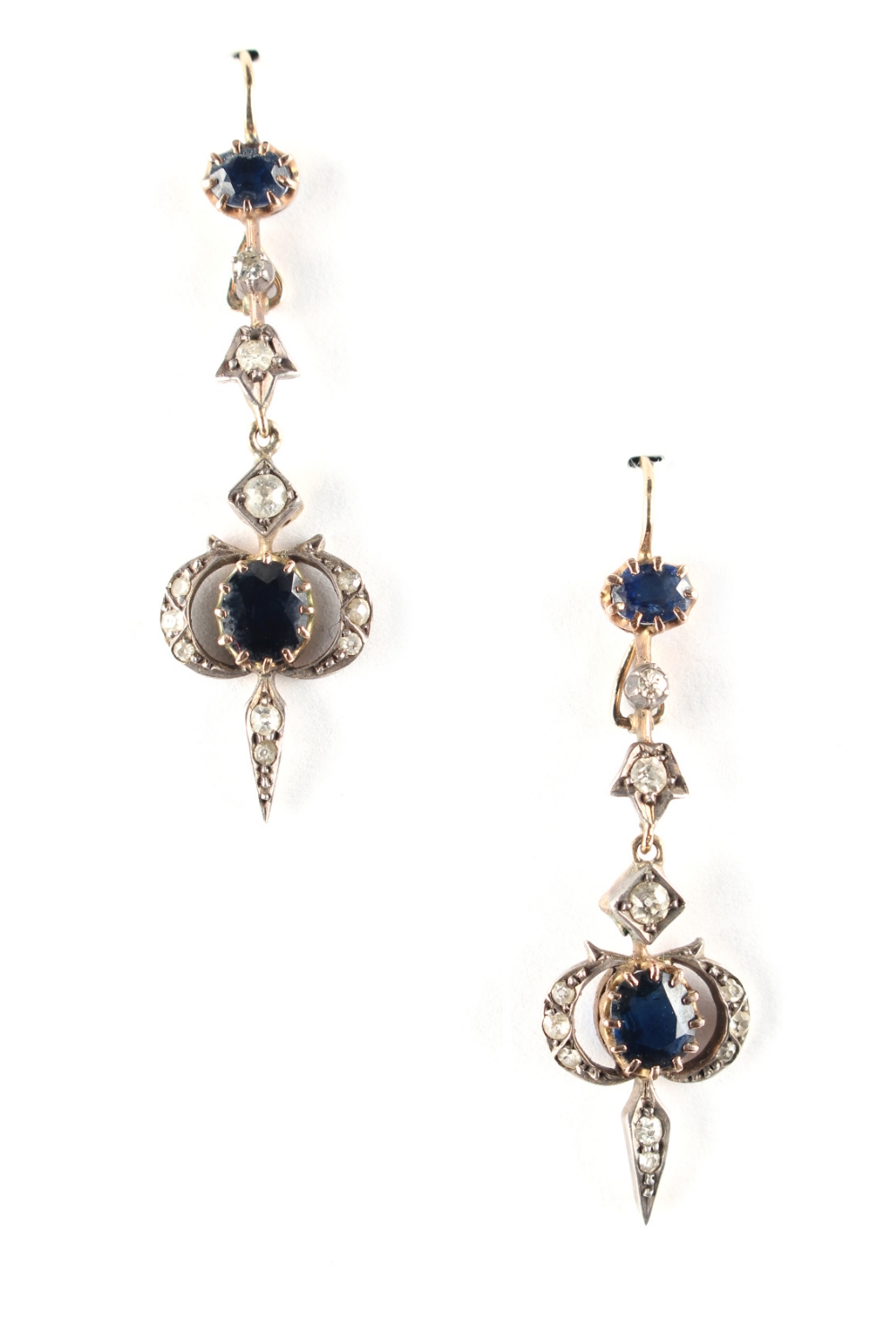 Property of a lady of title - a pair of early 20th century sapphire & diamond pendant earrings, each