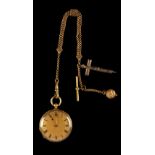 A late 19th century 18ct yellow gold cased key wind fob watch, on ornate gold plated chain (see