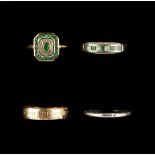 Property of a lady - two 9ct yellow gold emerald & diamond rings; together with a 9ct gold wedding