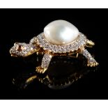 An 18ct yellow gold baroque pearl & diamond brooch modelled as a tortoise or turtle, with moving