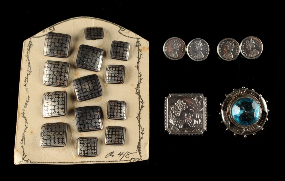 A set of thirteen niello decorated square buttons, early 20th century; together with a pair of