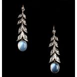 A pair of moonstone & diamond laurel leaf pendant earrings, each 1.77ins. (4.5cms.) long (2) (see