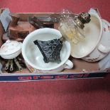 XIX Century Oil Lamp, Crown Devon chamber pots, toothbrush, soap dishes, planes etc:- One Box