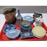 Wedgwood Powder Blue Jasperware, dark blue trinket box and yellow pin tray, Doulton "Rip Van Winkle"