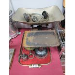 Set of Cast Iron Hanging Scales, Salter brass faced scales, two pairs of vintage headphones (one