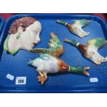 Royal Dux Flying Duck, with two others, Art Deco wall mask of a lady:- One Tray