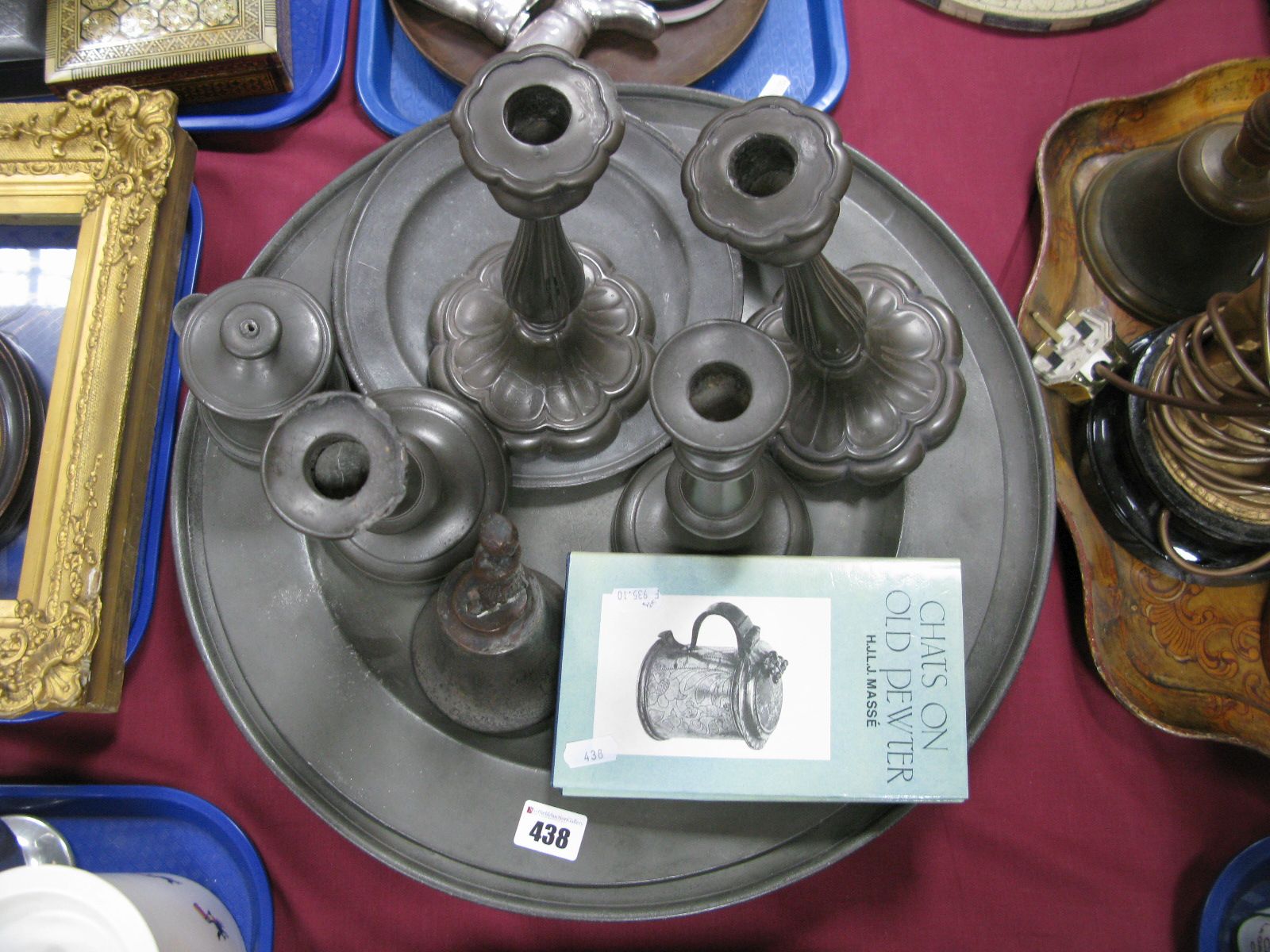 A Collection of XVIII Century and Later Pewter, comprising:- two broad rimmed circular chargers,