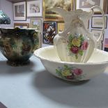 Early XX Century Pottery Wash Jug and Bowl, transfer printed with roses, together with a similar