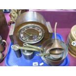 A 1930's Oak Mantel Clock, with key, bakelite silver rimmed dressing table jars, copper saucepans,