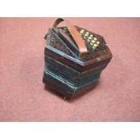 English Made Concertina, having 21 bone buttons in total to pierced rosewood fretwork ends, bellow