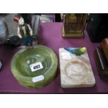 Green Onyx Circular Based Ash Tray, surmounted by cold painted Eastern European figure; another