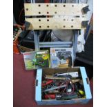 Foldable Workbench, box of tools, footpump, sander, spanners, jigsaw, speed drill, etc. (Untested,