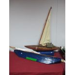 Two Wooden Hulled Pond Yachts, one 76cms long, with a beam of 18cms at widest point, and 85cms