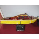 A Wood Constructed Radio Controlled Motor Boat, fitted with electric motor, sanwa receiver, two