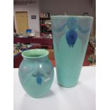 Poole Pottery Tapering Cylindrical Vase, having blue and lilac drizzle rim on pale blue ground, 35