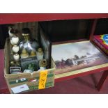 Four Caley Norwich Stoneware Bottles, tins, candlesticks, metal carafes, china etc:- One Box and