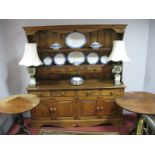 Pine Dresser. The rack, with a stepped pediment, two shelves, bottom shelf with five small drawers,