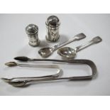 Hallmarked Silver Sugar Tongs, pepperette, shaker (lacking handle) etc.