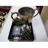 A Twin Handled Trophy Cup, 'Port' and 'Sherry' decanter labels, cigarette case, rolled gold