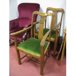 A Pair of Early XX Century Oak Armchairs, drop-in green velvet upholstered seats, square chamfered