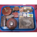 Chesterman's and Hockley Abbey Tapes, knives, watches, lighter, hip flask etc:- One Tray