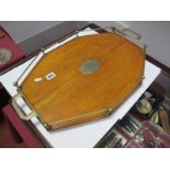 An Edwardian Oak Octagonal Gallery Tray, with silver plated mounts and blank cartouche.