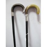 Two Edwardian Ebonised Walking Canes, each with horn crook handle and engraved silver ferrule.