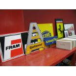Four Modern Garage Signs - Goodyear, Fram Filters, Continental, Hella.
