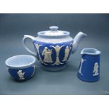A Jasperware Three Piece Tea Service, comprising teapot, milk jug and sugar basin for single