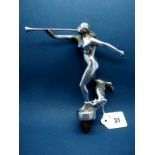A Chrome Plated Car Mascot in the Form of a Running Female Nude Blowing a Horn, 15.5cms high, horn
