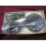 Silver Backed Hand Mirror and Brush, six silver handled cake forks.