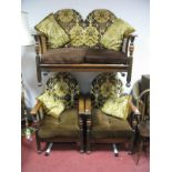 A Circa 1930's Oak Three Piece Bergere Suite, double arch folding back rests with shaped arm