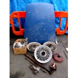 A Good Quantity of MGB Spare Parts, including three wire wheels, steering rack