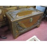 XX Century Oriental Carved Teak Camphor Wood Blanket Box, with brass engraved lock plate on