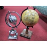 Paper Covered World Globe, approximately 19 cms diameter, on wooden stand, another in white