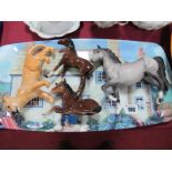 Beswick Grey Prancing Horse, brown seating and standing foals and lion cub. (4)