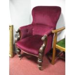 Mid XIX Century Mahogany Armchair, with upholsted back and seat scroll shaped arms on turned