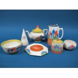 A Collection of 1930's Clarice Cliff Bizarre Pottery, painted with the Crocus pattern, comprising