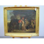 BRITISH NAIVE SCHOOL (Mid XIX Century) The Tryst, a cavalry officer with serving girl and other