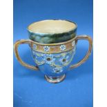 A Royal Doulton Stoneware Pottery Tyg, the 'U' shaped body with three handles, moulded with