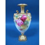 A Royal Worcester Porcelain Vase, of two handled ovoid form, with shaped neck and raised on a square